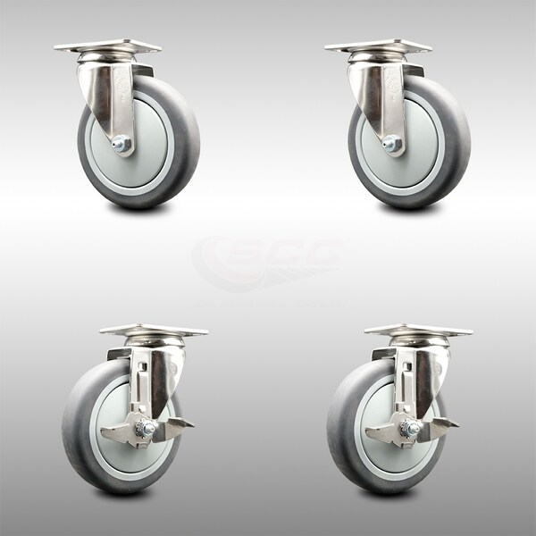 Service Caster 5 Inch 316SS Thermoplastic Rubber Wheel Swivel Top Plate Caster Brakes SCC, 2PK SCC-SS31620S514-TPRB-2-TLB-2 - main